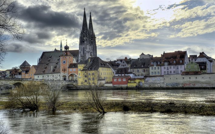 Germany, river, Regensburg, autumn, Bavaria, HDR