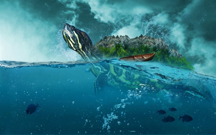 la isla de la tortuga, el monstruo, el mar, el barco, el de la tortuga