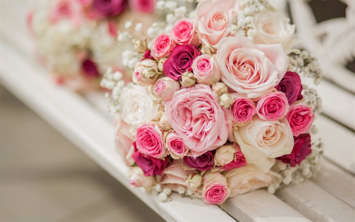 ブーケのバラの花, 結婚式の花束, ピンク色のバラ, ブライダルブーケ, バラ