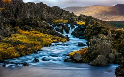 arroyo de la montaña, valle, puesta de sol, río, Islandia