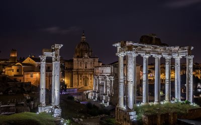 Roman Forum, columns, ruins, Rome, Italy, night