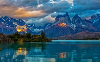 patagonia, 호, 여름, 산, 일몰, 아르헨티나