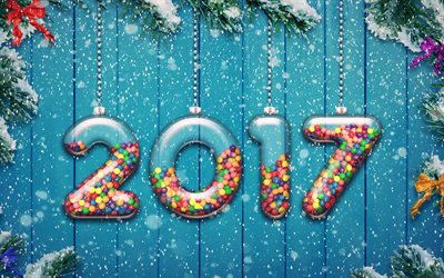 سنة جديدة سعيدة عام 2017, تساقط الثلوج, 5k, زينة عيد الميلاد, السنة الجديدة