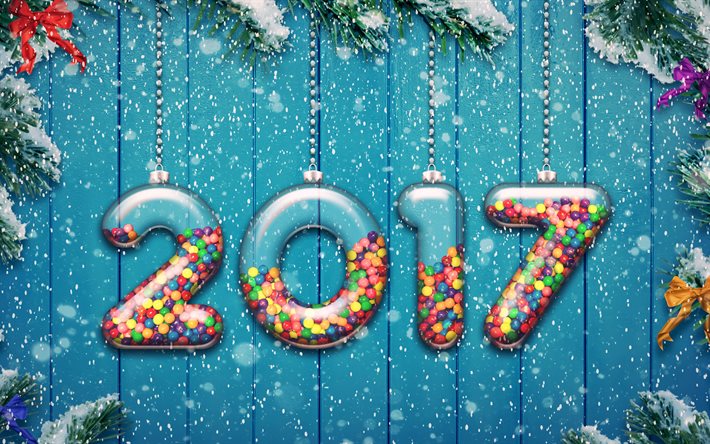 2017 mutlu Yeni Yıl, kar yağışı, 5k, Noel süsleri, Yeni Yıl