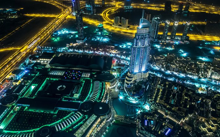 두바이, 5k, 밤, 도시, 부르즈 칼리파, 고층 빌딩, 아랍에미리트, uae
