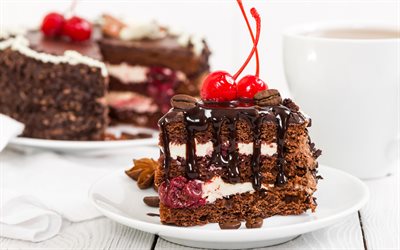 suklaakakku kirsikoilla, 4k, pala kakkua, marjoja, kirsikoita, makeisia, kuvia kakkujen kanssa, bokeh, kakut, suklaakakku
