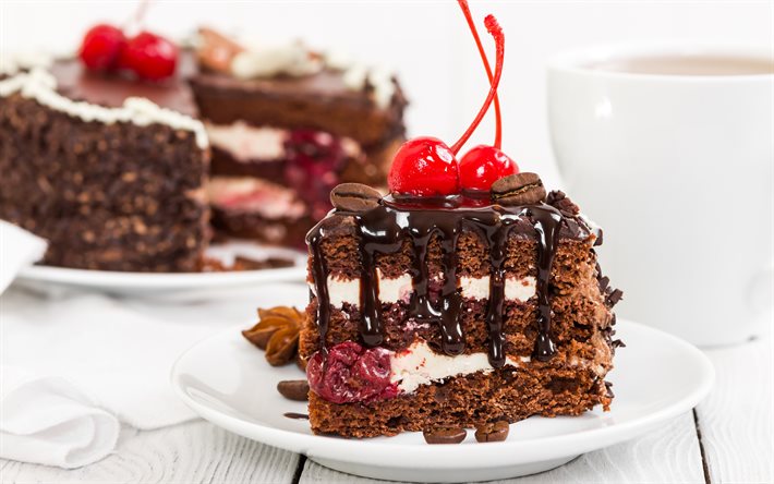 chocolate cake with cherries, 4k, piece of cake, berries, cherries, sweets, pictures with cakes, bokeh, cakes, chocolate cake