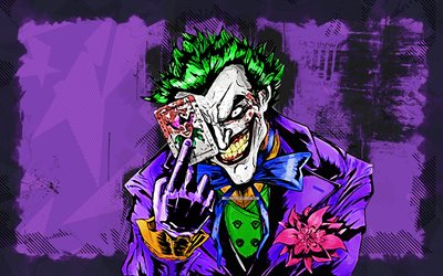 4k, Joker with card, grunge art, supervillain, fan art, playing cards, creative, Joker 4K, violet grunge background, Cartoon Joker, Joker, artwork