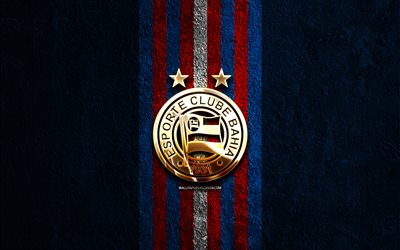goldenes ec bahia logo, 4k, hintergrund aus blauem stein, brasilianische serie b, brasilianischer fußballverein, ec bahia logo, fußball, ec bahia emblem, ec bahia, bahia fc