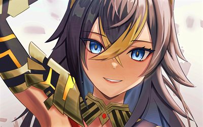 Dehya, portrait, Genshin Impact, protagonist, warrior, manga, girl with blue eyes, Dehya Genshin Impact