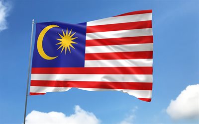 malaysia flagge am fahnenmast, 4k, asiatische länder, blauer himmel, flagge von malaysia, gewellte satinfahnen, malaysische flagge, malaysische nationalsymbole, fahnenmast mit fahnen, tag malaysias, asien, malaysia flagge, malaysia