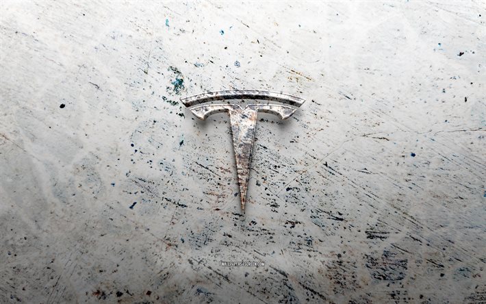logotipo da pedra tesla, 4k, fundo de pedra, logotipo 3d da tesla, marcas de carros, criativo, logotipo da tesla, arte grunge, tesla