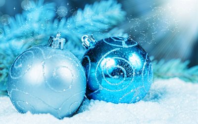 青いクリスマス ボール, 4k, メリークリスマス, クリスマスの概念, あけましておめでとう, クリスマスの飾り, クリスマスボール