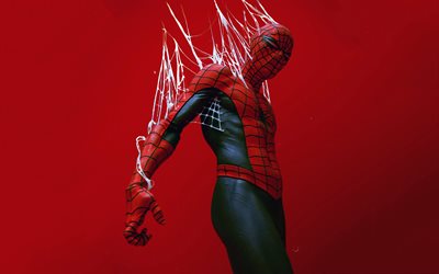 spider man, 4k, superheld, roter hintergrund, spider man kunst, peter benjaminparker, beliebte charaktere