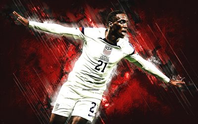 Timothy Weah, United States national soccer team, red stone background, Qatar 2022, USA, american footballer, football, soccer, USMNT