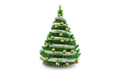 Christmas tree, 4k, minimalism, golden xmas balls, white background, Happy New Year, Merry Christmas, 3D art, xmas tree