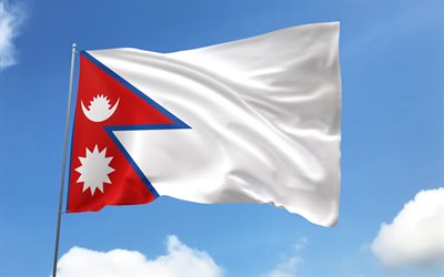 bandeira do nepal no mastro, 4k, países asiáticos, céu azul, bandeira do nepal, bandeiras de cetim onduladas, bandeira nepalesa, símbolos nacionais nepaleses, mastro com bandeiras, dia do nepal, ásia, nepal