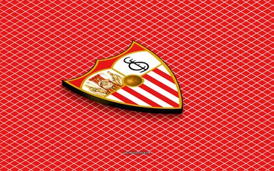 4k, sevilla fc isometrisk logotyp, 3d konst, spansk fotbollsklubb, isometrisk konst, sevilla fc, röd bakgrund, la liga, spanien, fotboll, isometriskt emblem, sevilla fc logotyp