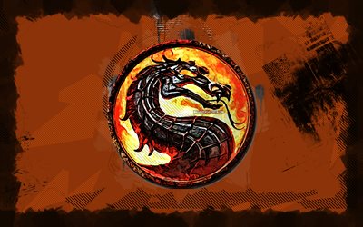 Mortal Kombat grunge logo, 4k, grunge art, creative, games brands, Mortal Kombat logo, MK logo, orange grunge background, artwork, Mortal Kombat
