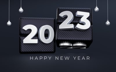 4k, 2023 Happy New Year, silver 3D digits, black 3D cubes, 2023 concepts, 2023 3D digits, Happy New Year 2023, creative, 2023 white digits, 2023 black background, 2023 year