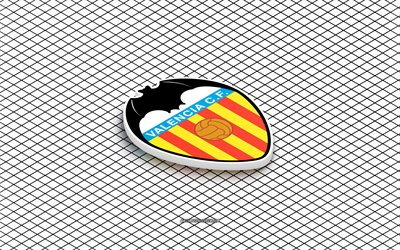 4k, isometrisches logo von valencia cf, 3d kunst, spanischer fußballverein, isometrische kunst, fc valencia, weißer hintergrund, liga, spanien, fußball, isometrisches emblem, valencia cf logo