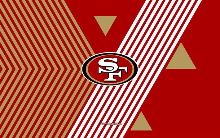 サンフランシスコ・フォーティーナイナーズのロゴ, 4k, アメリカン フットボール チーム, 赤白の線の背景, サンフランシスコ・49ers, nfl, アメリカ合衆国, 線画, サンフランシスコ・フォーティーナイナーズのエンブレム, アメリカンフットボール