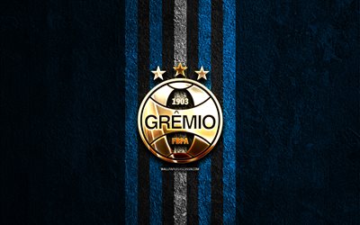 logotipo dorado de gremio, 4k, fondo de piedra azul, serie b de brasil, club de fútbol brasileño, logotipo de gremio, fútbol, emblema de gremio, gremio, gremio fc