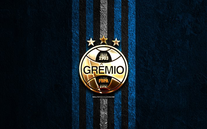 グレミオ ゴールデン ロゴ, 4k, 青い石の背景, ブラジル セリエ b, ブラジルのサッカークラブ, グレミオのロゴ, サッカー, グレミオのエンブレム, グレミオ, フットボール, グレミオfc