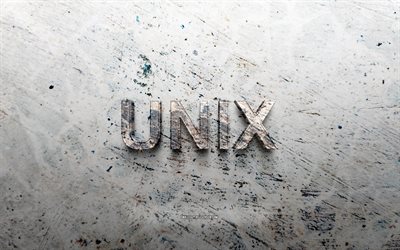 marchio di pietra unix, 4k, sfondo di pietra, logo unix 3d, sistema operativo, creativo, marchio unix, arte del grunge, unix