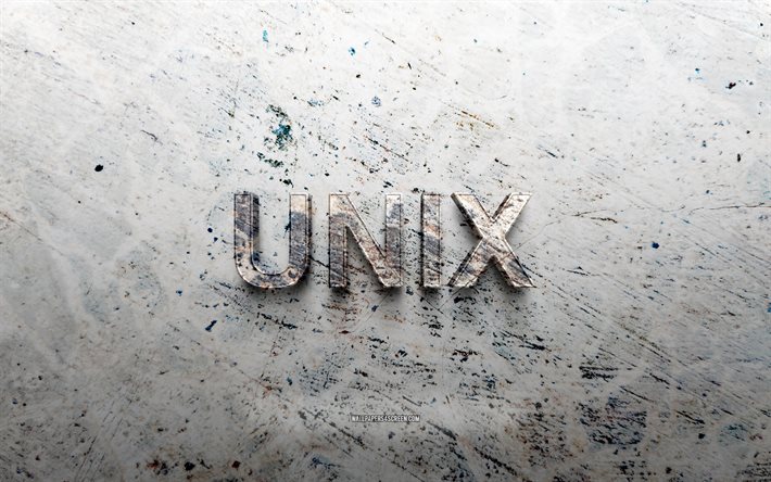 unix taş logosu, 4k, taş arka plan, unix 3d logosu, işletim sistemi, yaratıcı, unix logosu, grunge sanat, unix