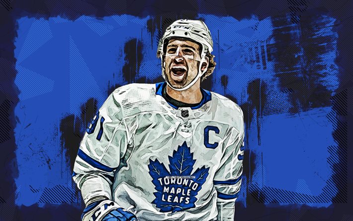 4k, John Tavares, grunge art, Toronto Maple Leafs, NHL, hockey, John Tavares 4K, blue grunge background, John Tavares Toronto Maple Leafs