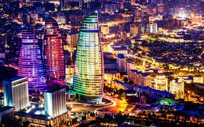 fairmont bakú, torres de llamas, 4k, ciudades azerbaiyanas, paisajes nocturnos, bakú, azerbaiyán, arquitectura moderna, asia, panorámica de bakú, paisaje urbano de bakú, edificios modernos