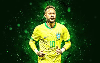 4k, Neymar, close-up, Brazil National Team, green neon lights, soccer, footballers, green abstract background, Neymar JR, Brazilian football team, Neymar 4K