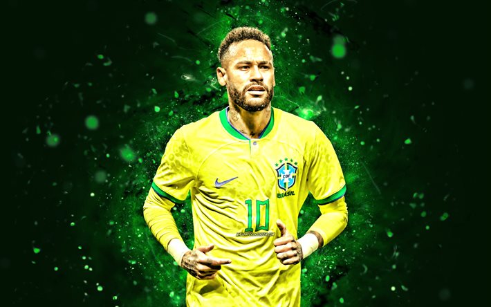 4k, neymar, närbild, brasiliens landslag, gröna neonljus, fotboll, fotbollsspelare, grön abstrakt bakgrund, neymar jr, brasilianskt fotbollslag, neymar 4k