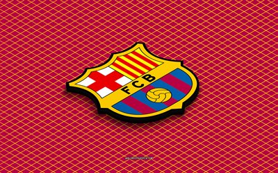 4k, logo isométrique du fc barcelone, art 3d, club de football d'espagne, art isométrique, fc barcelona, fond bordeaux, la ligue, espagne, football, emblème isométrique, logo du fc barcelone