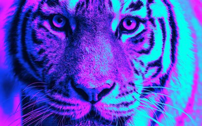 抽象的な虎, 4k, ミニマリズム, サイバーパンク, 抽象的な動物, 野生動物, 捕食者, 虎, パンテーラ チグリス, トラ, 虎との写真, クリエイティブ, タイガーサイバーパンク