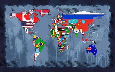 4k, Political World map, grunge art, world map with flags, grunge maps, geopolitics concepts, world maps, Abstract political world map, abstract world map, grunge world map