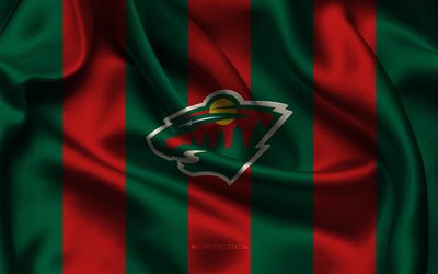 4k, logo sauvage du minnesota, tissu en soie bordeaux verts, équipe de hockey américaine, emblème sauvage du minnesota, dans la lnh, minnesota wild, etats unis, le hockey, drapeau sauvage du minnesota