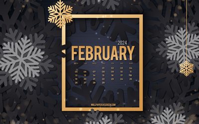 calendario di febbraio 2024, 4k, sfondo nero con fiocchi di neve, modello oscuro invernale, febbraio, 2024 concetti, calendari 2024, sfondo di fiocchi di neve 3d scuri