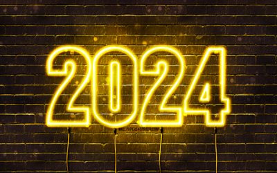 새해 복 많이 받으세요 2024, 4k, 노란색 브릭 월, 2024 개념, 2024 노란색 네온 숫자, 2024 새해 복 많이 받으세요, 네온 예술, 창의적인, 2024 노란색 배경, 2024 년, 2024 노란 숫자