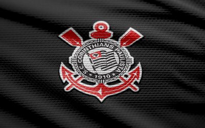 korintierfabrikslogotyp, 4k, svart tygbakgrund, brasiliansk serie a, bokhög, fotboll, korintiets logotyp, korinternas emblem, korintier sc, brasiliansk fotbollsklubb, korinter fc