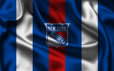 4k, ニューヨークレンジャーズのロゴ, 青い白い絹の布, アメリカンホッケーチーム, ニューヨークレンジャーズのエンブレム, nhl, ニューヨークレンジャーズ, アメリカ合衆国, ホッケー, ニューヨークレンジャーズフラッグ