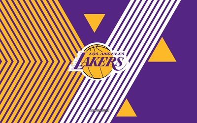 ロサンゼルスレイカーズのロゴ, 4k, アメリカのバスケットボールチーム, 紫色の黄色い線の背景, ロサンゼルスレイカーズ, nba, アメリカ合衆国, 線画, ロサンゼルスレイカーズのエンブレム, バスケットボール