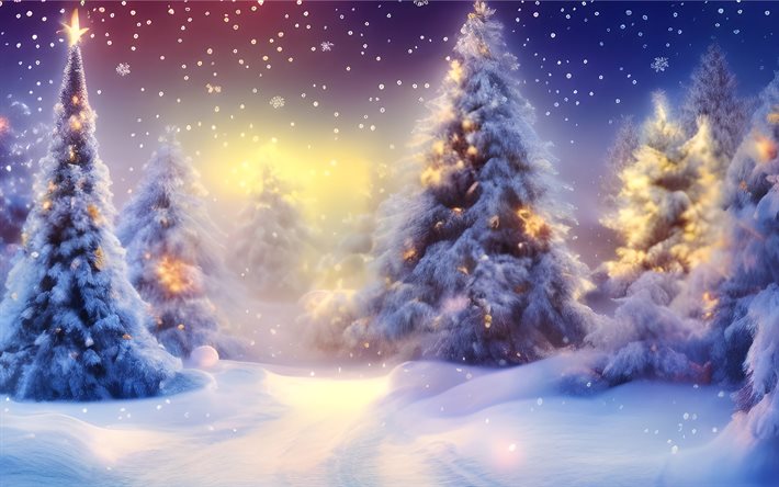 4k, christmas trees, winter, forest, artwork, snowfall, Happy New Year, Merry Christmas, winter concepts, xmas trees, Christmas tree