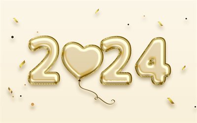 2024 felice anno nuovo, palloncini realistici dorati, 4k, creativo, 2024 concetti, 2024 daggi di balloons, 2024 cifre 3d, felice anno nuovo 2024, 2024 sfondo dorato, 2024 anni