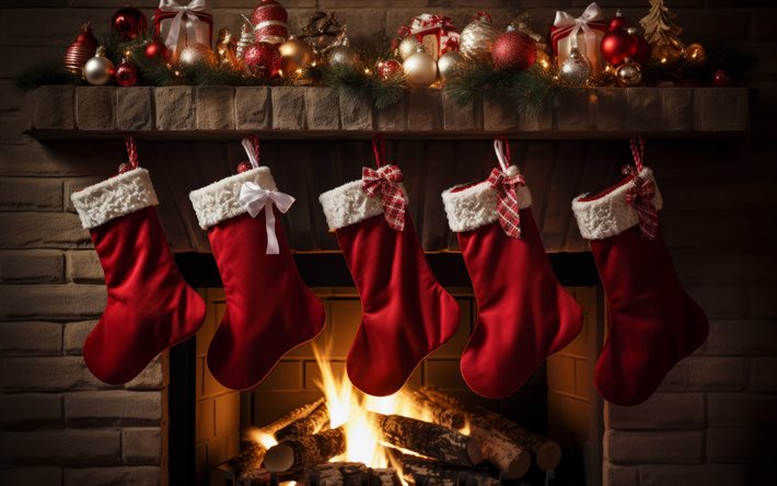red christmas socks, fireplace, Christmas evening, socks over the fireplace, Merry Christmas, Happy New Year, socks for gifts