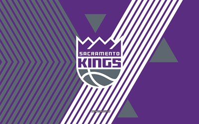 サクラメントキングスロゴ, 4k, アメリカのバスケットボールチーム, 紫色の灰色のラインの背景, サクラメントキングス, nba, アメリカ合衆国, 線画, サクラメントキングスエンブレム, バスケットボール