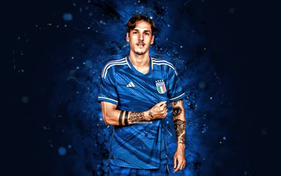 Nicolo Zaniolo, 4k, blue neon lights, Italy National Football Team, soccer, footballers, blue abstract background, Italian football team, Nicolo Zaniolo 4K