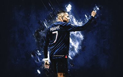 Kylian Mbappe, PSG, French football player, Paris Saint-Germain, blue stone background, grunge texture, Ligue 1, France, football