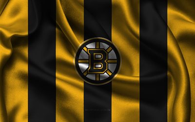 4k, logotipo de boston bruins, tela de seda negra amarilla, equipo de hockey estadounidense, emblema de boston bruins, nhl, boston bruins, eeuu, hockey, bandera de boston bruins